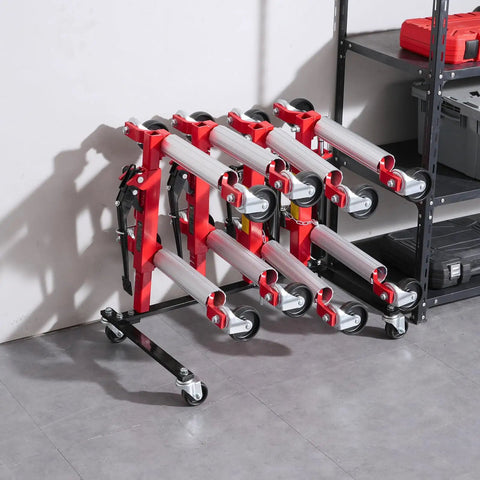 Car Dolly Rack Storage Organizer With 360 Degree Rotatable Wheels And Hydraulic Ratchet Trolley Jack Stand Holder For Four Dollies