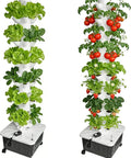 14 Layer Vertical Hydroponic Garden System Kit With 70 Slots And A 20L Water Tank And Pump with green and red plants.