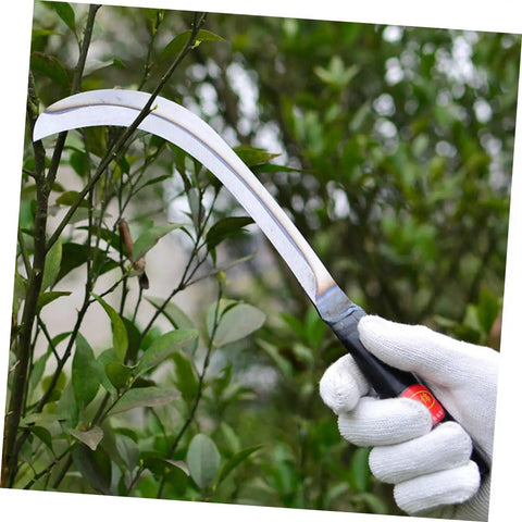Gardener holding Two Piece Manganese Weeding Sickle With Comfy Grip For Gardening And Agriculture Use Sharp Blades in lush garden