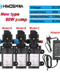 Heavy Duty 12V Automatic Electric Diaphragm Water Pressure Pump With 5L/min Flow Rate, Low Power Consumption And Corrosion Resistance, showing three models and adaptor.