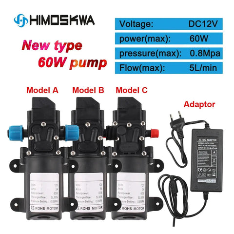 Heavy Duty 12V Automatic Electric Diaphragm Water Pressure Pump With 5L/min Flow Rate, Low Power Consumption And Corrosion Resistance, showing three models and adaptor.