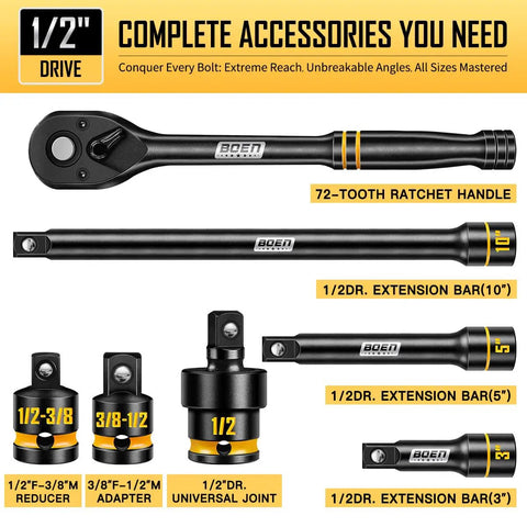 One Half Inch Drive Impact Socket Set, 65 Piece SAE And Metric Deep And Shallow Sockets With Embossed Painted Markings, Adapters, Ratchet Wrench, Extension Bars, Pro Grade Heavy Duty All In One Tool Kit For Mechanics, shown with ratchet handle and extension bars
