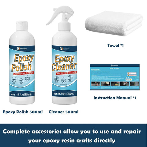 Pro Grade Resin Polishing Kit With 16 Oz Epoxy Polish And 16 Oz Cleaner, Removes Scratches Swirls And Scuffs On Epoxy, Metal, And Jewelry, Restores Shine And Clarity For Your Artwork, showing bottles, towel, and manual