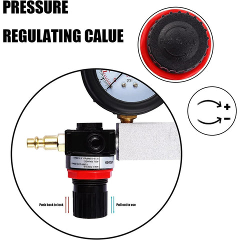 Front view of cylinder leak-down tester kit with dual gauge, brass connector, and 10–18 mm spark plug adapters.