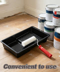 Slick Mini Paint Roller Kit With Tray For Walls Trim Doors And Metal on a floor with paint cans, showcasing convenience and compact design.