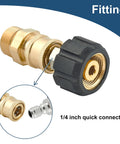 Brass Raincovo M22 to 1/4 in quick-connect pressure washer adapter, side view, 4pc set with black collar