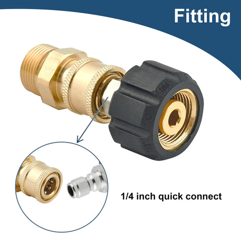 Brass Raincovo M22 to 1/4 in quick-connect pressure washer adapter, side view, 4pc set with black collar
