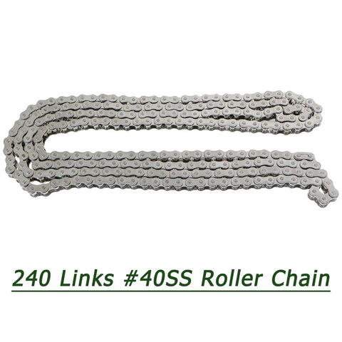 40SS Stainless Steel Roller Chain Built To Last, 10 Feet Long, 240 Links, ANSI 40, heat treated for durability and corrosion resistance.