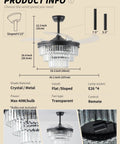 SYDACG 42" Black Crystal Fandelier Ceiling Fans with Lights dimensions and features listed on product information image.