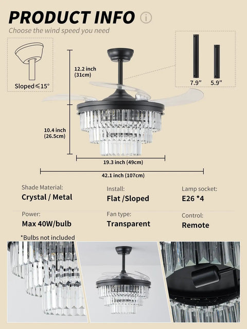 SYDACG 42" Black Crystal Fandelier Ceiling Fans with Lights dimensions and features listed on product information image.