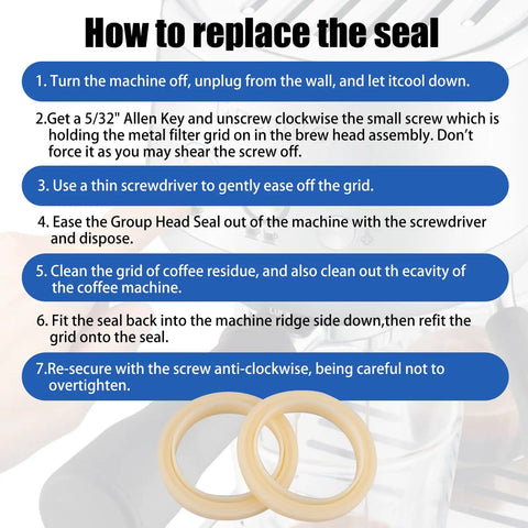 Instructions for replacing Two Pack 54mm Silicone Steam Ring Gasket Replacement For Espresso Machine Group Head, image shows seals
