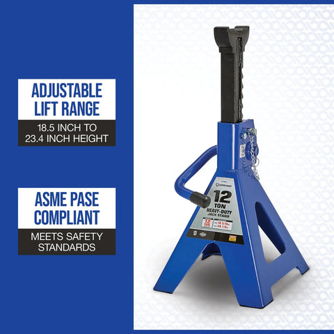 Double Locking 12 Ton Jack Stands Pair With 24,000 Pound Capacity Built Tough Heavy Duty Cast Iron Ratchet Drive Large Saddle Surface For Safe Precise Load Support ASME PASE Compliant