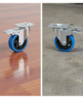 Four Inch Heavy Duty Swivel Caster Wheels With Dead Lock Brakes And Silent Non Marking Polyurethane Tires on wood and concrete.