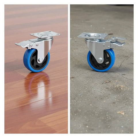 Four Inch Heavy Duty Swivel Caster Wheels With Dead Lock Brakes And Silent Non Marking Polyurethane Tires on wood and concrete.