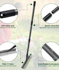 63 Inch Bow Rake With 17 Steel Tines And Stainless Handle, showcasing features like rubber grip, spiral connection, and screw fixation.