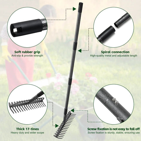 63 Inch Bow Rake With 17 Steel Tines And Stainless Handle, showcasing features like rubber grip, spiral connection, and screw fixation.