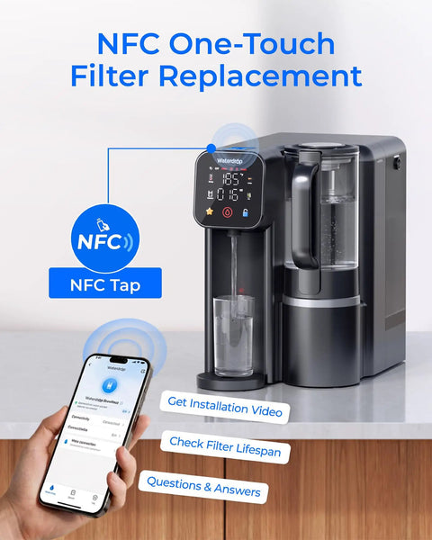 Instant Hot Reverse Osmosis Countertop Water Filter With Seven Stage Filtration and NFC guide, black unit on kitchen counter