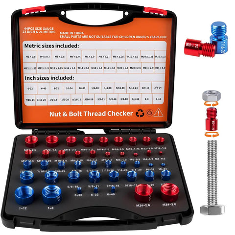 Open case of 44 Piece Thread Gauge Set With 23 SAE Inch And 21 Metric Sizes, Detachable Gauges, Etched Sizes, Foam Case, Bolt Checker.