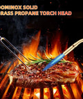 Beast Mode Brass Propane Torch Head With Manual Start Built For Soldering Brazing Welding Thawing And Cooking Durable Solid Brass Construction CGA600 Cylinder Compatible High Temp Performance Easy On Off Valve used for grilling steak.