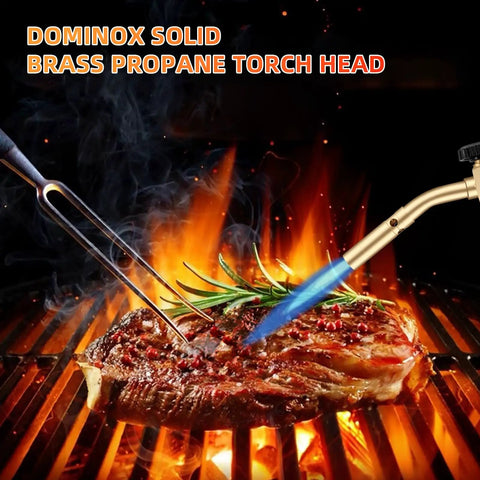 Beast Mode Brass Propane Torch Head With Manual Start Built For Soldering Brazing Welding Thawing And Cooking Durable Solid Brass Construction CGA600 Cylinder Compatible High Temp Performance Easy On Off Valve used for grilling steak.