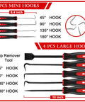 17 Piece Pro Grade Mechanic Hook And Pick Tool Set with 4 mini and 4 large hooks, clip remover tool, shown in red and black handle design.