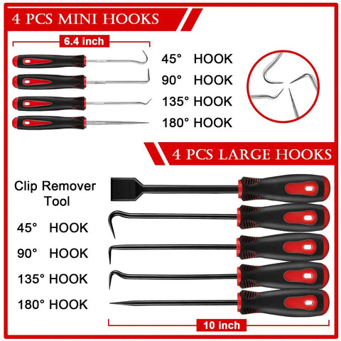 17 Piece Pro Grade Mechanic Hook And Pick Tool Set with 4 mini and 4 large hooks, clip remover tool, shown in red and black handle design.