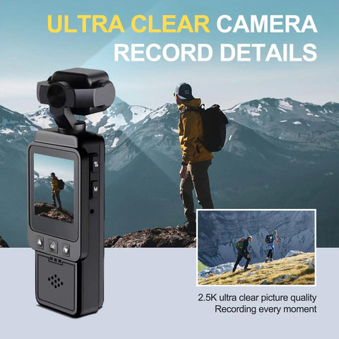 Body Mounted Action Camera For Vlogging With WiFi Night Vision And Stabilization 2.5K Video Rotating 360 Degree Lens displayed with mountain background