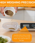 High weighing precision digital kitchen scale and measuring spoon duo with 0.05g precision up to 500g in use, tare function.