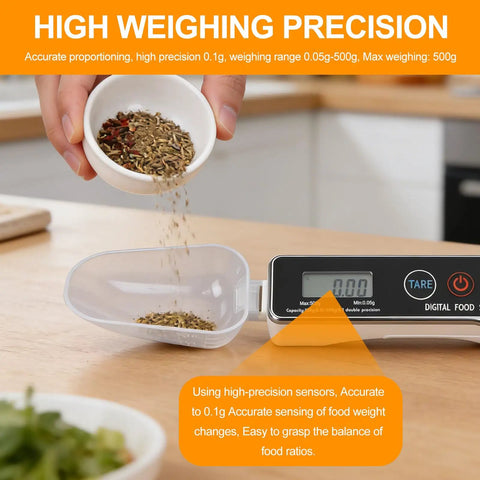 High weighing precision digital kitchen scale and measuring spoon duo with 0.05g precision up to 500g in use, tare function.