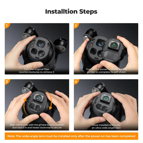 Installation steps of Wide Angle Lens For DJI Mavic 4 Pro Drone, enhancing landscape and sky shots; snaps on securely.