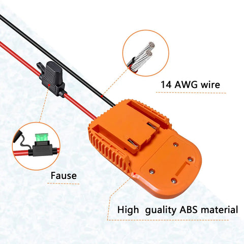 DIY Adapter for Ridgid 18V Hyper Battery Dock Power Connector, orange ABS material, 14 AWG wire, connector close-up