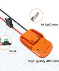 Power Wheels Adapter Kit For 18V Hyper Batteries with 14AWG wire, fuse pack, ABS material, and connector details.