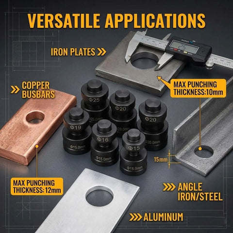 Heavy Duty Hydraulic Hole Punch Die Set Replacement For Industrial Punching Machines High Carbon Steel Round Hole Punch And Die Mold Compatible With Copper Aluminum Iron Angles 13.5mm showcasing versatility with various metals and measurements