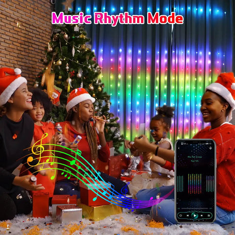 People celebrating with Programmable Colorful Smart LED Window Curtain Lights With APP Control IP65 Waterproof 400 RGB LEDs DIY Text And Pattern Fairy Lights For Proposals And Weddings Backdrops Parties Christmas Home Decor Vibe Ready, in music rhythm mode.