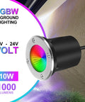 10W RGBW Landscape Lights for Outdoors Low Voltage 12-24V Well Lights in black casing with multicolor LED display