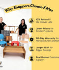 Two people in black shirts beside various chairs and a table with 'Why Shoppers Choose Kikbo' benefits listed on the side.