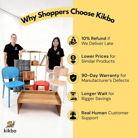 Two people in black shirts beside various chairs and a table with 'Why Shoppers Choose Kikbo' benefits listed on the side.