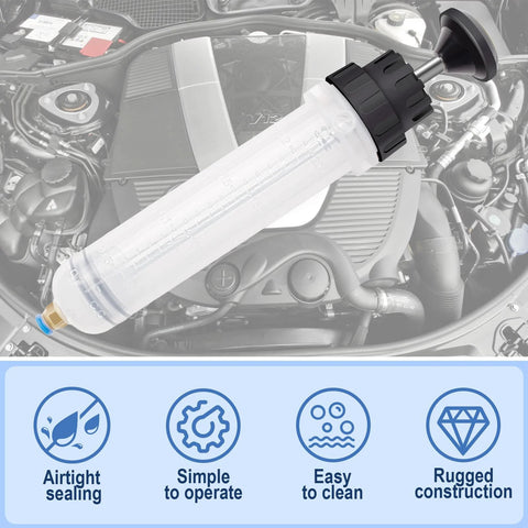 ecocstm 200cc fluid extractor oil suction pump with two 9.2-in extension tubes, angled in car engine bay