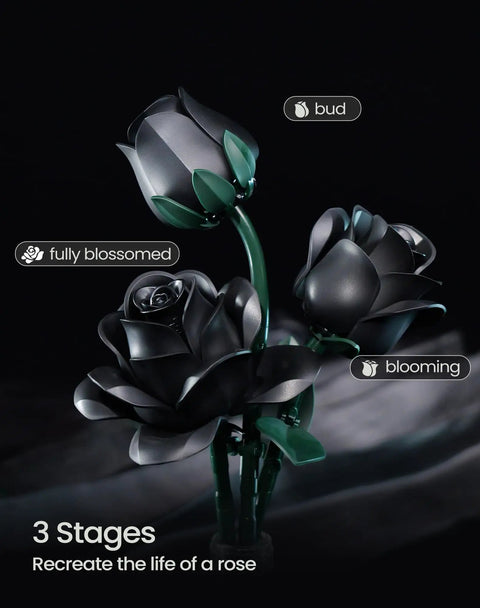 Dope Black Rose Bouquet Building Set For Adults Gothic Vintage Flower Kit To Craft A Realistic Dark Rose Centerpiece Perfect Valentines Gift For Her Girlfriend Mom Wife Home Office Decor, 3-stage black rose brick model with green stems