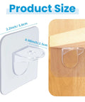 12 Pack Clear Adhesive Shelf Brackets No Drill Support Pegs Stick And Go Wall Mount Invisible Holders size comparison on wood surface.