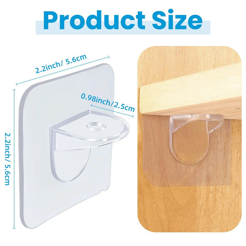 12 Pack Clear Adhesive Shelf Brackets No Drill Support Pegs Stick And Go Wall Mount Invisible Holders size comparison on wood surface.