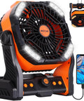 Powerful Battery Powered Camping Fan With 20000mAh Battery Rechargeable Outdoor Tent Fan With Light And Hook Go To USB Desk Fan For Camping And Travel Double Blade 270 Degree Pivot Orange showing USB charging