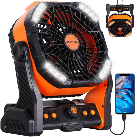 Powerful Battery Powered Camping Fan With 20000mAh Battery Rechargeable Outdoor Tent Fan With Light And Hook Go To USB Desk Fan For Camping And Travel Double Blade 270 Degree Pivot Orange showing USB charging