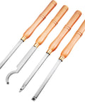 Four-piece wood turning tools set with wooden handles and carbide lathe blades (diamond, round, square cutters)