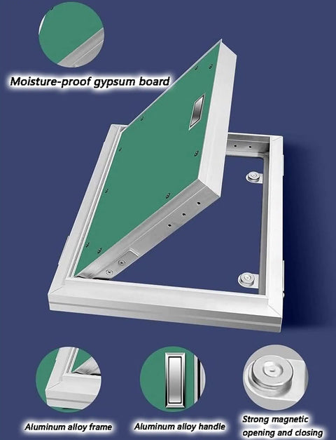 No Fuss Flush Mount Fire Rated Hidden Access Door Kit Featuring Paintable Gypsum Surface And Built Tough Aluminum Frame, showing moisture-proof gypsum board.