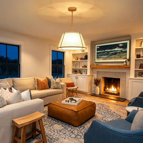 16" White and Gold Drum Pendant Light with Metal Lantern Fabric Shade illuminating a cozy living room with a fireplace.