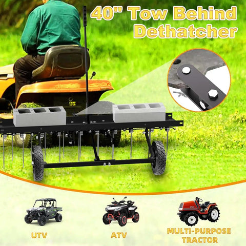 40 Inch Tow Behind Dethatcher with 20 rust-proof heat-treated tines attached to mower for quick thatch removal