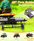 Tow Behind 40 Inch Dethatcher With 20 Spring Steel Tines For Large Lawns, attached to riding mower, showing front view