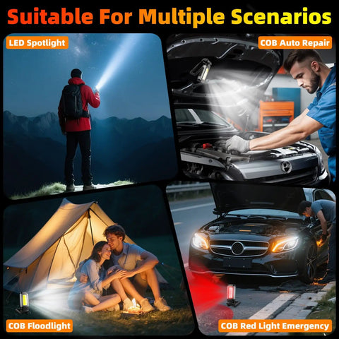 Hella Bright Magnetic Rechargeable Golf Cart Led Dome Light With 360 Spin And Seven Glowing Modes used in various scenarios like camping, auto repair, and emergencies.