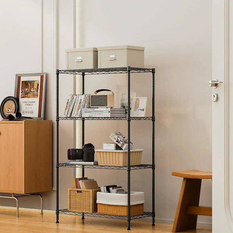 Heavy Duty 4 Tier Metal Wire Shelf On Wheels 1000 Lb Capacity Adjustable Height Storage Rack with items in room